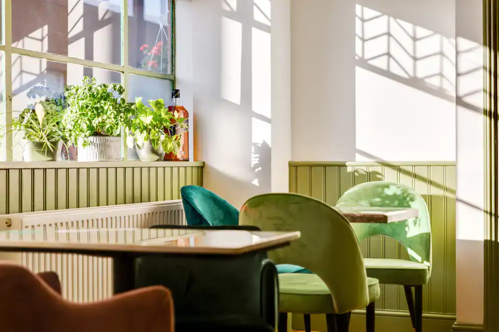 Bright and sunny seating area at the Putt Jungle café